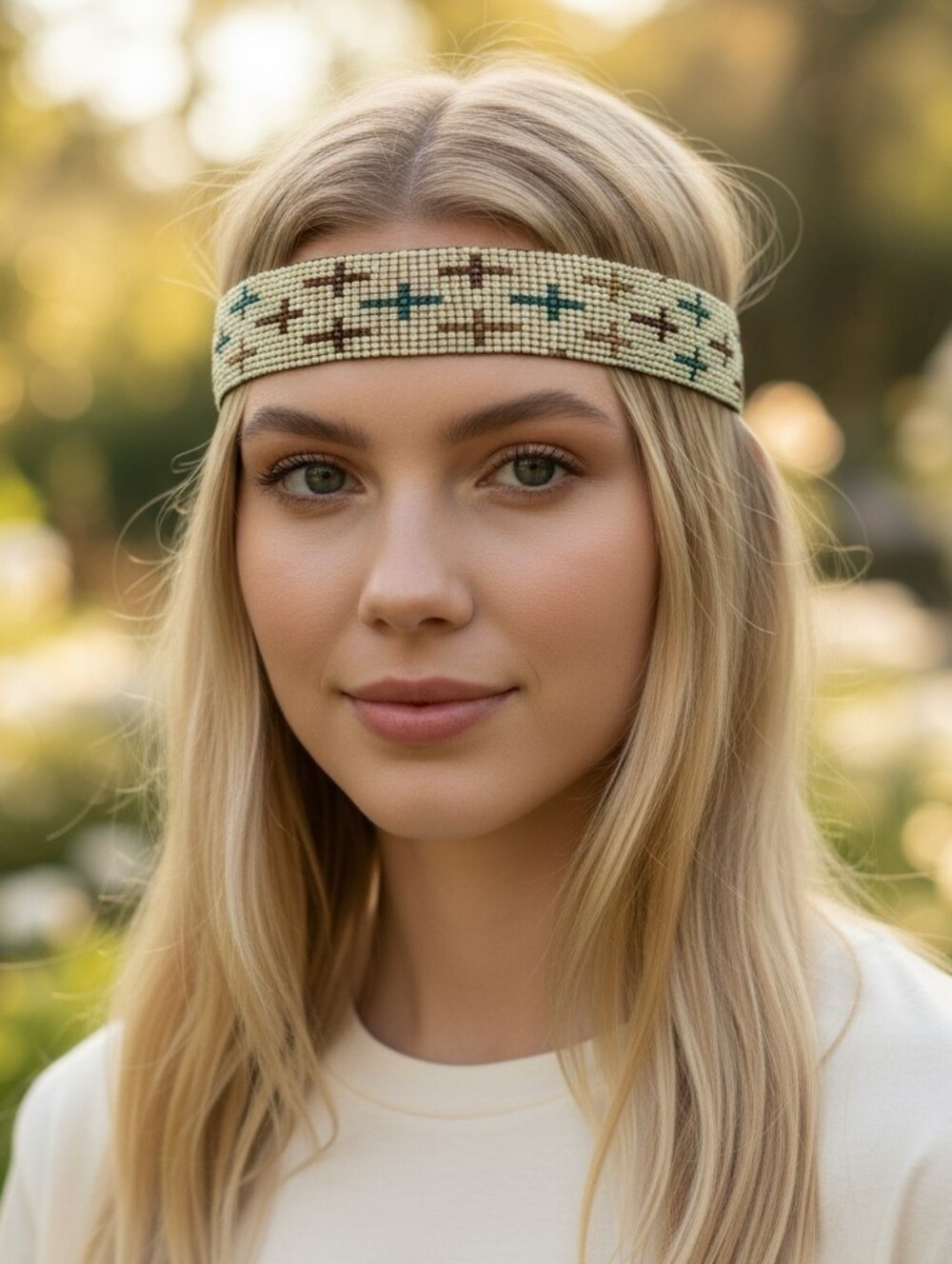 Ivory Multicolored Seed Bead Cross Headband